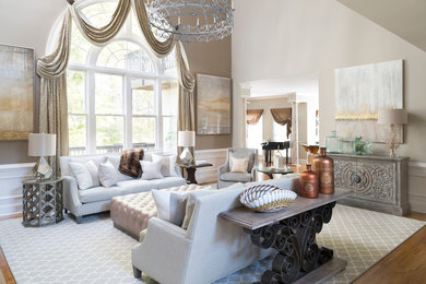 Inspiration for a large transitional open concept and formal dark wood floor and brown floor living room remodel in Atlanta with beige walls, no fireplace and no tv