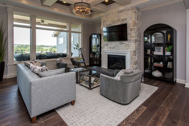 Mid-sized transitional enclosed porcelain tile and brown floor living room photo in Other with gray walls, a standard fireplace, a plaster fireplace and a wall-mounted tv