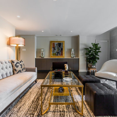 Inspiration for a mid-sized contemporary open concept dark wood floor and black floor living room remodel in Dallas with gray walls
