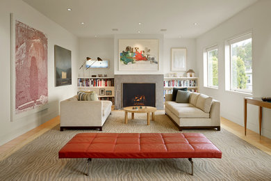 Large danish formal light wood floor living room photo in San Francisco with white walls, a standard fireplace and a stone fireplace