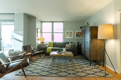 Example of a large minimalist open concept medium tone wood floor living room design in DC Metro with gray walls and a concealed tv