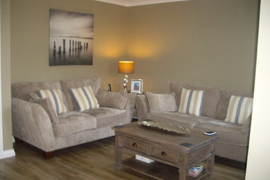 Coastal living room in Other with grey walls.