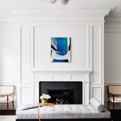 Example of a large transitional open concept dark wood floor and brown floor living room design in Boston with white walls, no tv, a standard fireplace and a metal fireplace