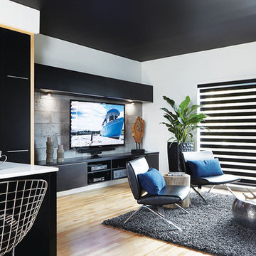 Balck and white modern living room with concrete wall panels