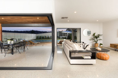 Idee per un soggiorno design di medie dimensioni e aperto con pareti bianche, pavimento in cemento, TV a parete e pavimento grigio