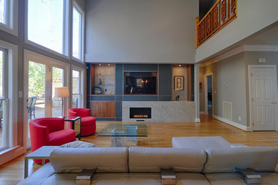 Mid-sized minimalist open concept light wood floor and brown floor living room photo in Raleigh with gray walls, a ribbon fireplace, a stone fireplace and a media wall