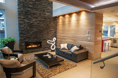 Example of a mid-sized minimalist formal and open concept ceramic tile living room design in Vancouver with white walls, a ribbon fireplace and a stone fireplace