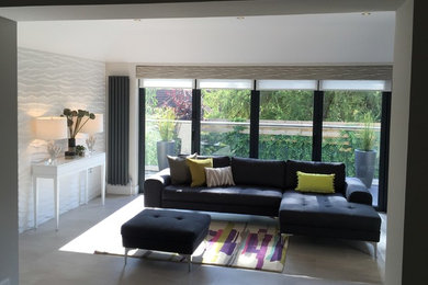 Mittelgroßes, Offenes Modernes Wohnzimmer mit grauer Wandfarbe und Multimediawand in Edinburgh