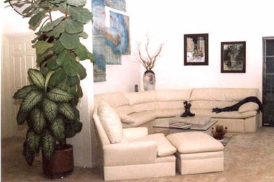 Diseño de salón abierto tradicional de tamaño medio con paredes blancas, moqueta y suelo beige