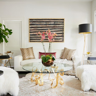 Living room - small transitional enclosed dark wood floor living room idea in Austin with white walls and no fireplace