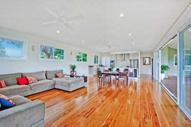 シドニーにあるお手頃価格の広いコンテンポラリースタイルのおしゃれな独立型リビング (緑の壁、淡色無垢フローリング、標準型暖炉、据え置き型テレビ、マルチカラーの床) の写真