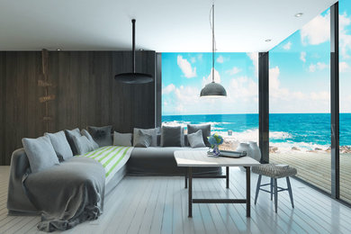 Idee per un soggiorno costiero di medie dimensioni e chiuso con pavimento in legno verniciato
