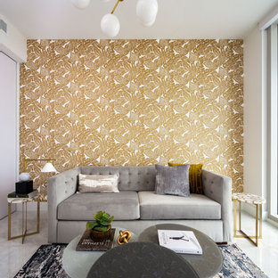 Example of a trendy white floor living room design in Miami