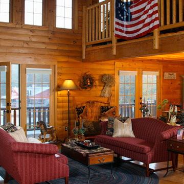 Beautiful Custom Log Cabin Great Room with Large windows