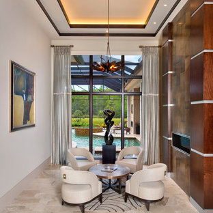 Modelo de salón para visitas contemporáneo con paredes blancas y chimenea lineal
