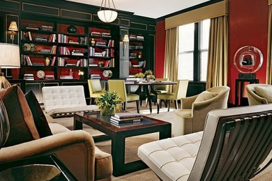 Eclectic formal and open concept living room photo in New York with red walls