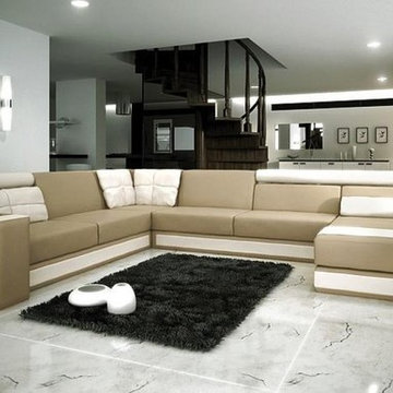 Beige and Brown Leather Sectional Sofa Modern Design