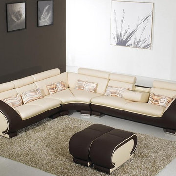 Beige and Brown Leather Sectional Sofa with Adjustable Headrests