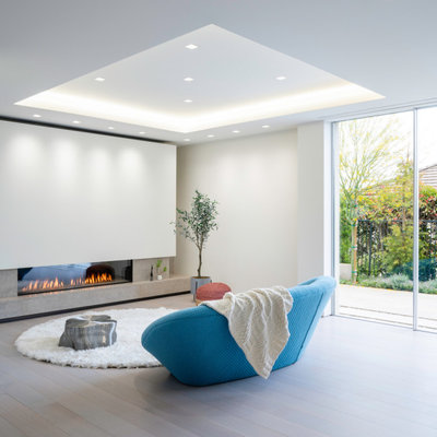 Living room - mid-sized modern open concept light wood floor and beige floor living room idea in Los Angeles with a ribbon fireplace, a plaster fireplace and white walls