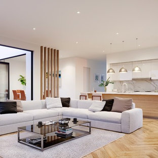 Ispirazione per un soggiorno minimal di medie dimensioni e aperto con pareti bianche, parquet chiaro e pavimento beige