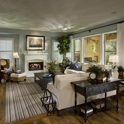 Living room - large traditional formal and open concept dark wood floor and multicolored floor living room idea in Las Vegas with blue walls, a standard fireplace and a plaster fireplace