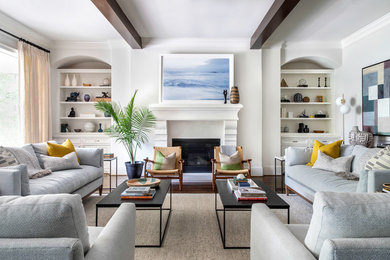 Living room - transitional formal dark wood floor and brown floor living room idea in Houston with white walls, a standard fireplace and no tv