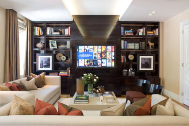 This is an example of a large contemporary formal living room in London with a drop ceiling.