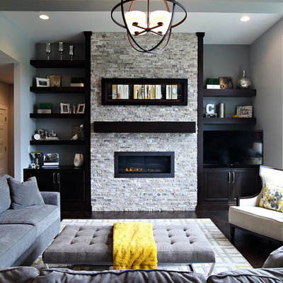 Living room - transitional formal dark wood floor living room idea in Cedar Rapids with gray walls, a ribbon fireplace, a stone fireplace and a tv stand