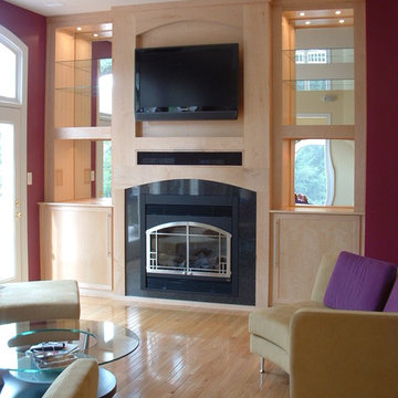 Birds-eye Maple built-in entertainment center with fireplace
