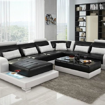 Black and White Bonded Leather Sectional Sofa with Chaise