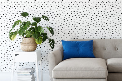Inspiration for a large modern enclosed wallpaper living room remodel in San Francisco with white walls