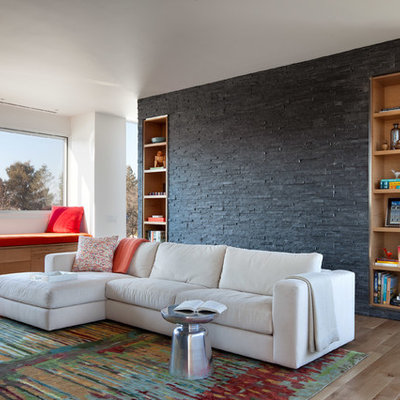 Living room - contemporary living room idea in Providence with white walls