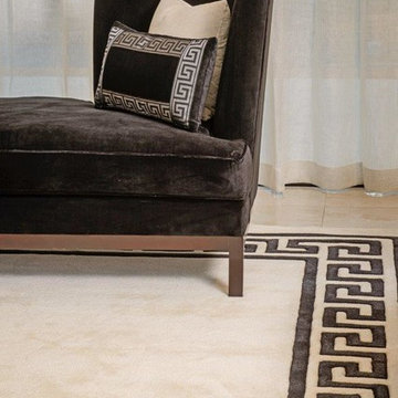 Black velvet chaise,Greek key trim cushion and custom rug