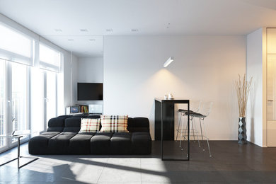 Kleines, Repräsentatives Retro Wohnzimmer im Loft-Stil mit weißer Wandfarbe, gebeiztem Holzboden und TV-Wand in Sonstige
