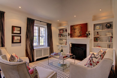 Example of a transitional dark wood floor living room design in Vancouver with white walls