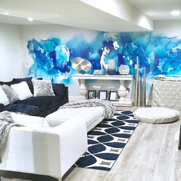 Blue Abstract Living Room Wall Murals, Blue and Silver Wall Art, Removable Wallp