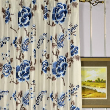 Blue Embroidered Hollyhocks Back Tab Dupioni Silk Curtains