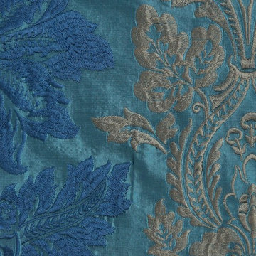 Blue Embroidered Vase Damask Dupioni Silk Custom Made Curtains