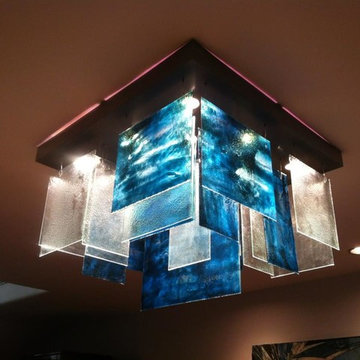 BLUE GLASS MODERN CHANDELIER, PLISS`E unique blue chandelier by Galilee Lighting