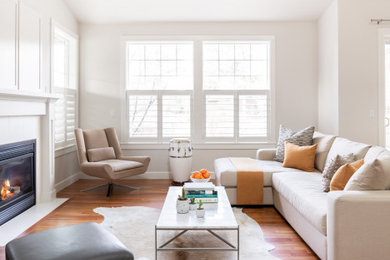 Mittelgroßes Modernes Wohnzimmer mit weißer Wandfarbe, braunem Holzboden, Kamin, Kaminumrandung aus Holz und verstecktem TV in Sonstige