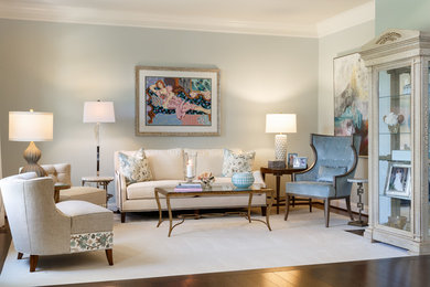 Inspiration for a mid-sized transitional formal carpeted living room remodel in DC Metro with blue walls