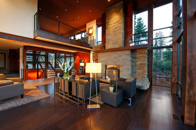 Inspiration for a large craftsman formal and open concept dark wood floor living room remodel in Other with white walls, a standard fireplace, a stone fireplace and no tv