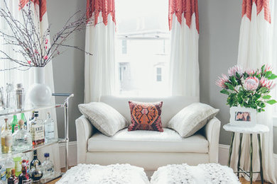 Photo of a small shabby-chic style living room in Miami with grey walls, medium hardwood flooring and no fireplace.