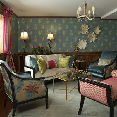Example of an eclectic formal and enclosed living room design in Chicago with blue walls