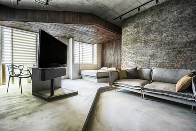Ejemplo de salón abierto ecléctico pequeño con paredes multicolor, suelo de cemento, televisor independiente y suelo gris