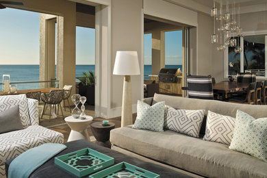 Huge beach style living room photo in Miami