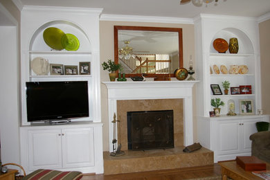Bookcase and mantel.