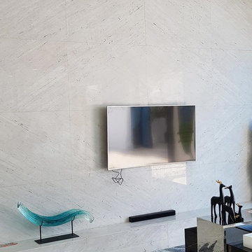 Bookmatched Yugoslavian White marble for TV wall of Palm Springs Villa, Pattaya,