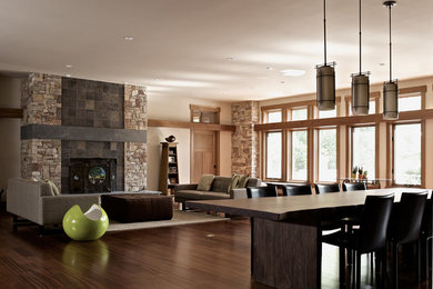 Large arts and crafts dark wood floor living room photo in New York with beige walls, a standard fireplace and a stone fireplace