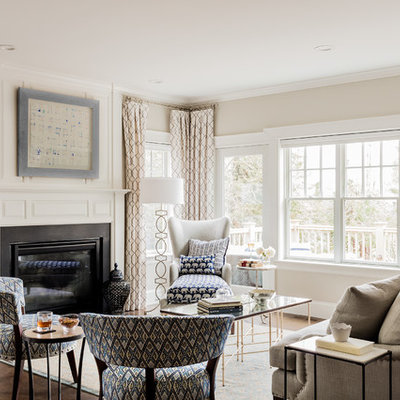 Inspiration for a large transitional formal and enclosed dark wood floor living room remodel in Boston with beige walls, a standard fireplace, a metal fireplace and no tv
